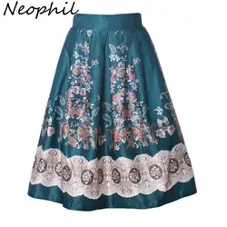 Neophil 2019 Boho Этническая цветок цветочный принт Высокая талия плиссированные миди бальное платье юбки для женщин женские черные 50 s Винтаж