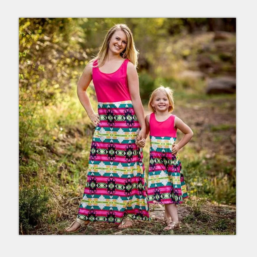 

ZOGAA 2019 Summer Blast British Style Printing Frock Mother and Daughter Dresses Pink Print Maxi Long Dress