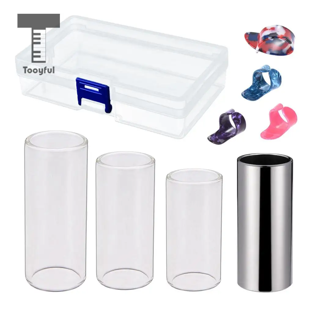 Tooyful 3Pcs Glass Slide +1 Pc Stainless Steel Slide + 4 Pcs Guitar Finger Picks +1 Pc Box for Guitar