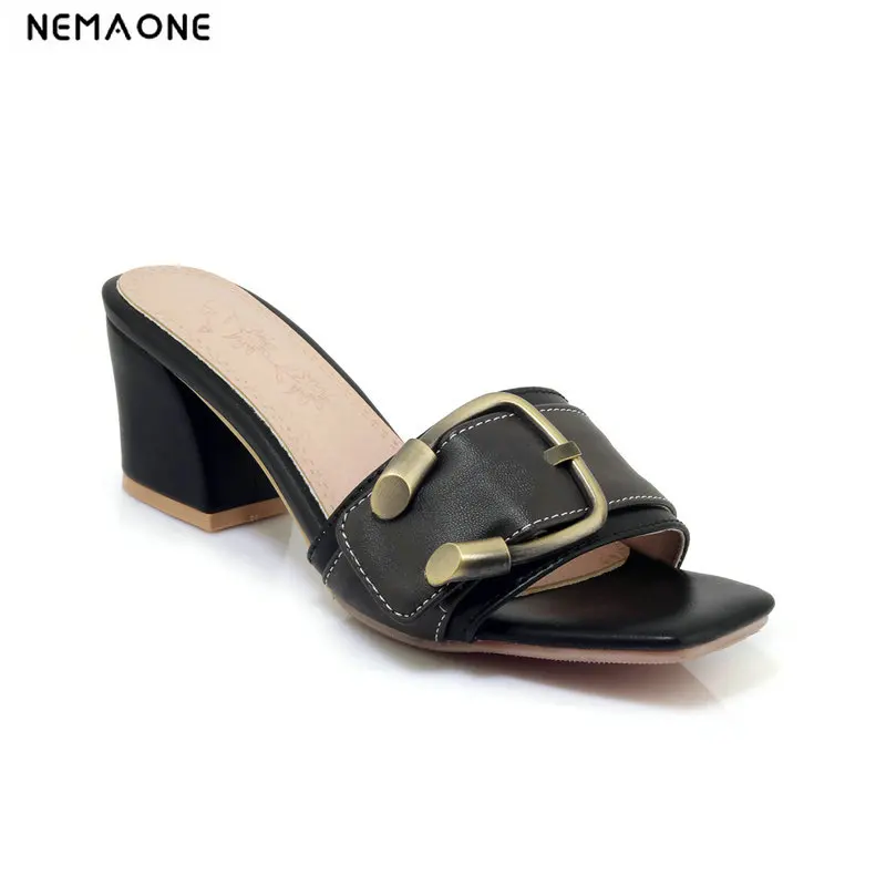

2019 New Summer Women Mules Slippers High Heel Shallow Metal Sexy Ladies Women Shoes Black Outside Slides Size 34-43