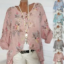 Plus Size  5XL 4XL Summer Floral Women Shirts 2019 Long Sleeve O Neck Boho Loose Beach Ladies Tops Print Buttons Blouses Shirt