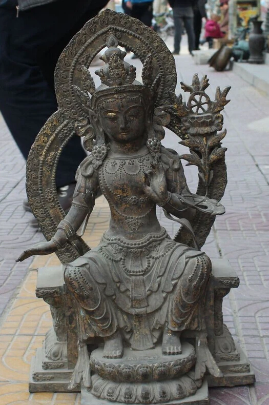 bir 005408 25&quot Old Tibet Buddhism Bronze Gilt Seat Lotus White Tara Goddess Buddha Statue |