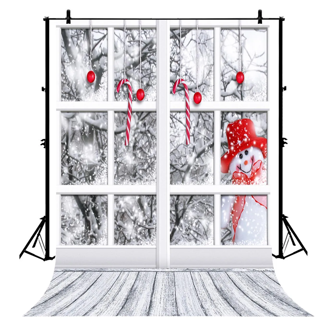 

5x7ft White Snowman Christmas Snowflake Window Snow Candy Polyester Photo Background Portrait Backdrop