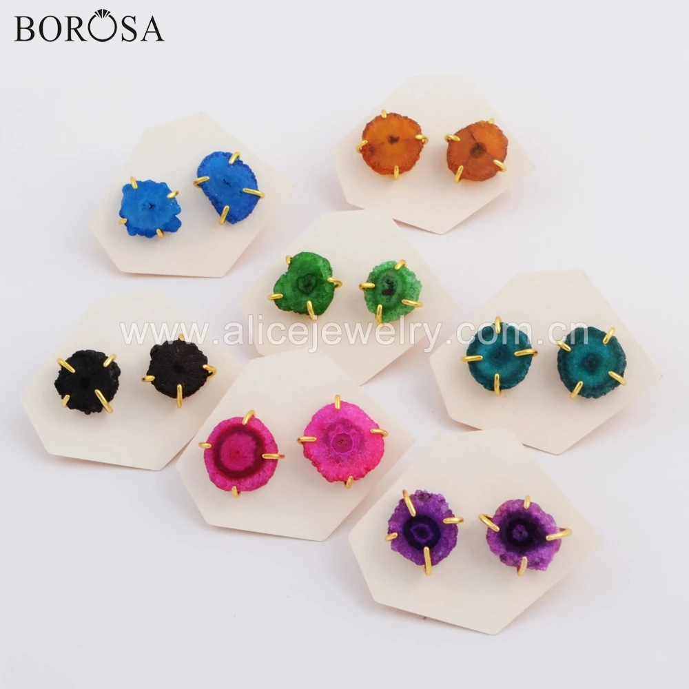 

BOROSA 5Pairs Colorful Gold Bezel Rainbow Freedom Natural Solar Quartz Stone Claw Stud Earrings Jewelry Summer Boho Style WX1084