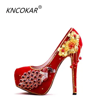

KNCOKAR2018 fashionable new style Chinese xiui dress woman red high heel crystal shoe bride wedding shoes