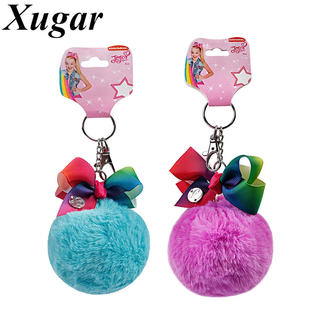 

Cute Pompom jojo siwa Keychain For Girls Handmade Rainbow Knot Ball Key Chain Women Car Styling Bag Charms Jewelry