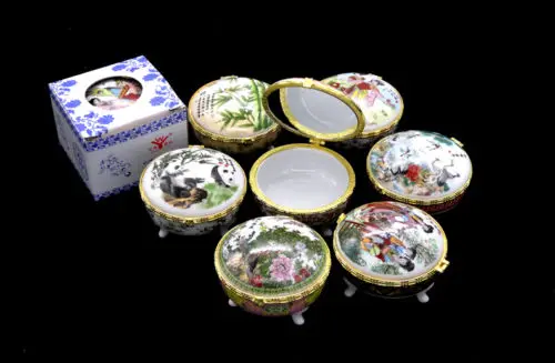 

Lots 3pcs Chinese Handmade Vintage Porcelain Compact Jewelry&Gift Box With Mirror