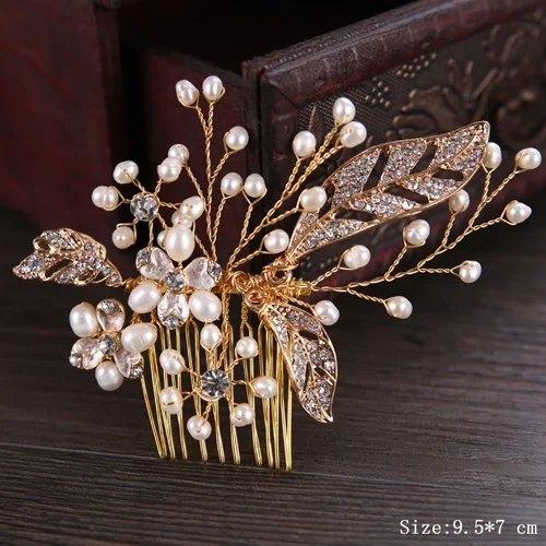 Bridal Pearl Hair Comb Wedding Accessories Rhinestone Flower Wedding Hair Comb Jewelry Wedding Hair Ornaments Bridal Headdress FS138 Gold