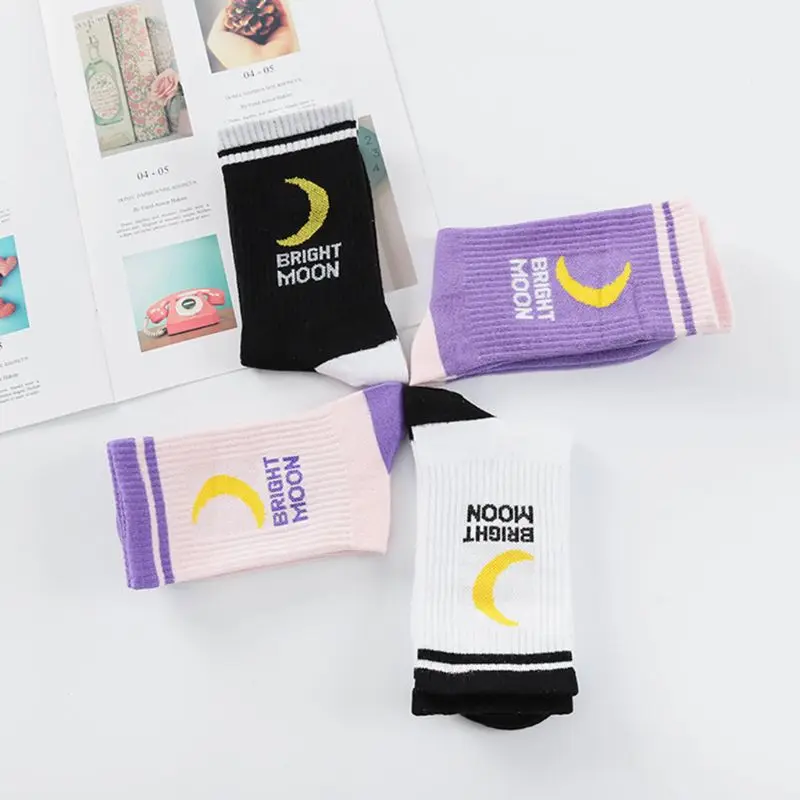 Women Girls Ulzzang Harajuku Cotton Long Crew Socks Rib Trim Double Stripes Moon Letters Printed Hip-Hop Hosiery Skaterboard Str