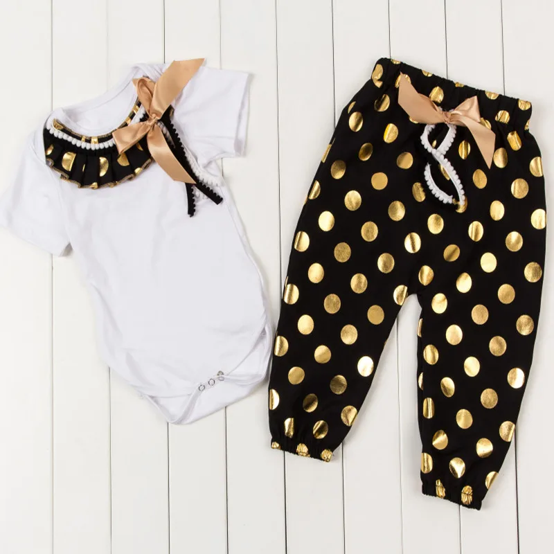 Spring Baby Clothes Short Sleeve Black Gold Polka Dots Metallic Baby