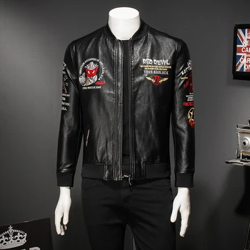 

Black Men's Stand Collar Leather Jacket 2019 Autumn Firemen Pattern Zipper Pu Leather Motorcycle Coat jaqueta de couro 8913