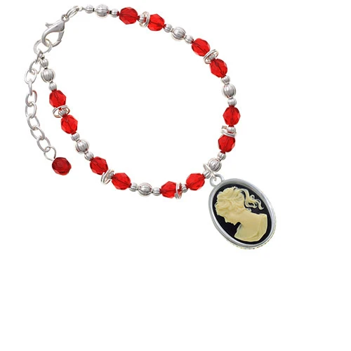 Silvertone Oval - Black Cameo - Red Beaded Bracelet
