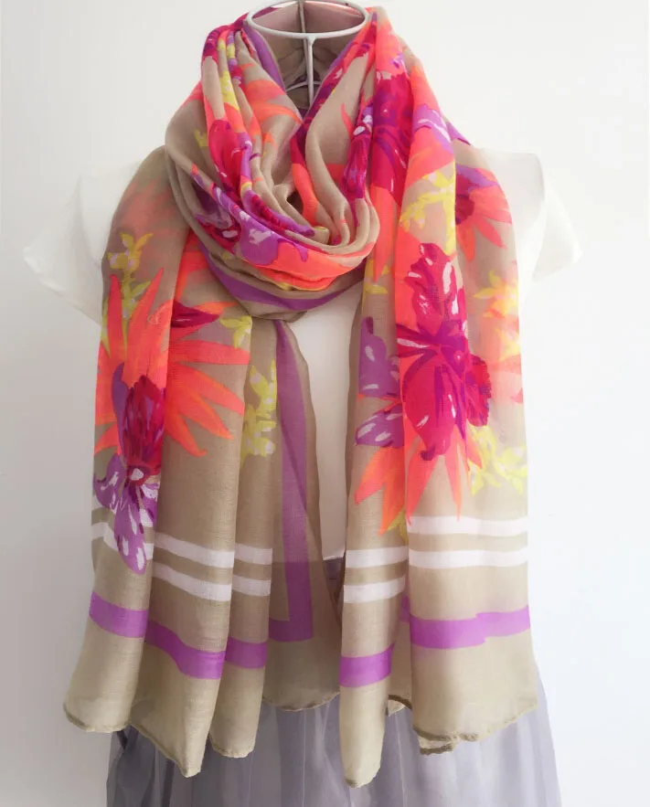 2016 Women Neon Floral Print Soft Quality Cotton Voile Scarf 5pcs/Lot