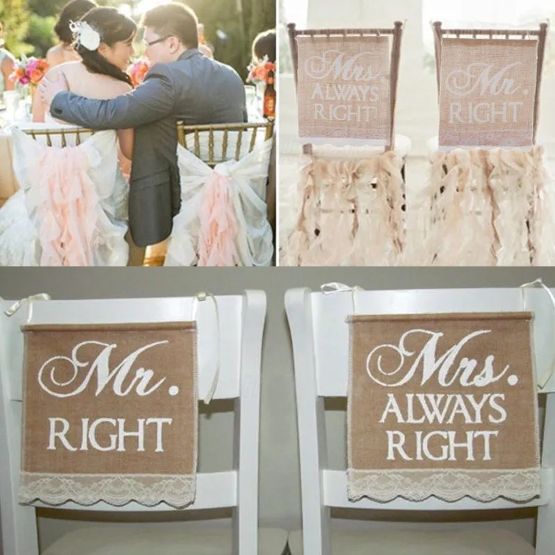 

Wedding Banners Mr&Mrs 2Pcs/set Burlap Chair Sign Rustic Right Vintage Wedding Decoration for Groom and Bride