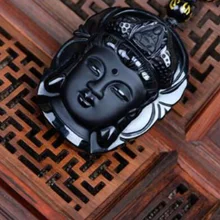 Натуральный камень обсидиан Гуаньинь, Будда Кулон ожерелье Счастливый Амулет Бусы цепи ожерелье для женщин мужчин