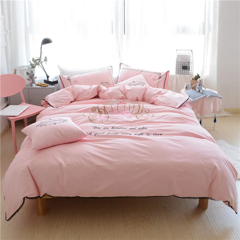 

Papa&Mima Cartoon style Flower Applique Embroidery bedding set Twin Queen size Cotton duvet cover flatsheet pillowcase sets
