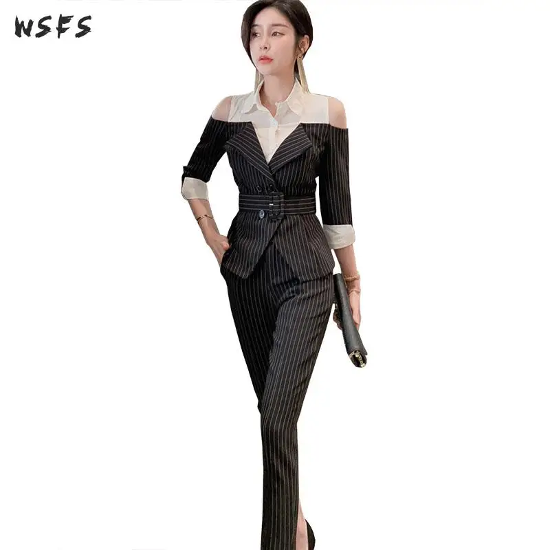 

2 Pieces Set Spring Womens Shirt Off Shoulder Black Striped Suit Jacket Elegant Long Pants Trousers Work Office Ladies Suits