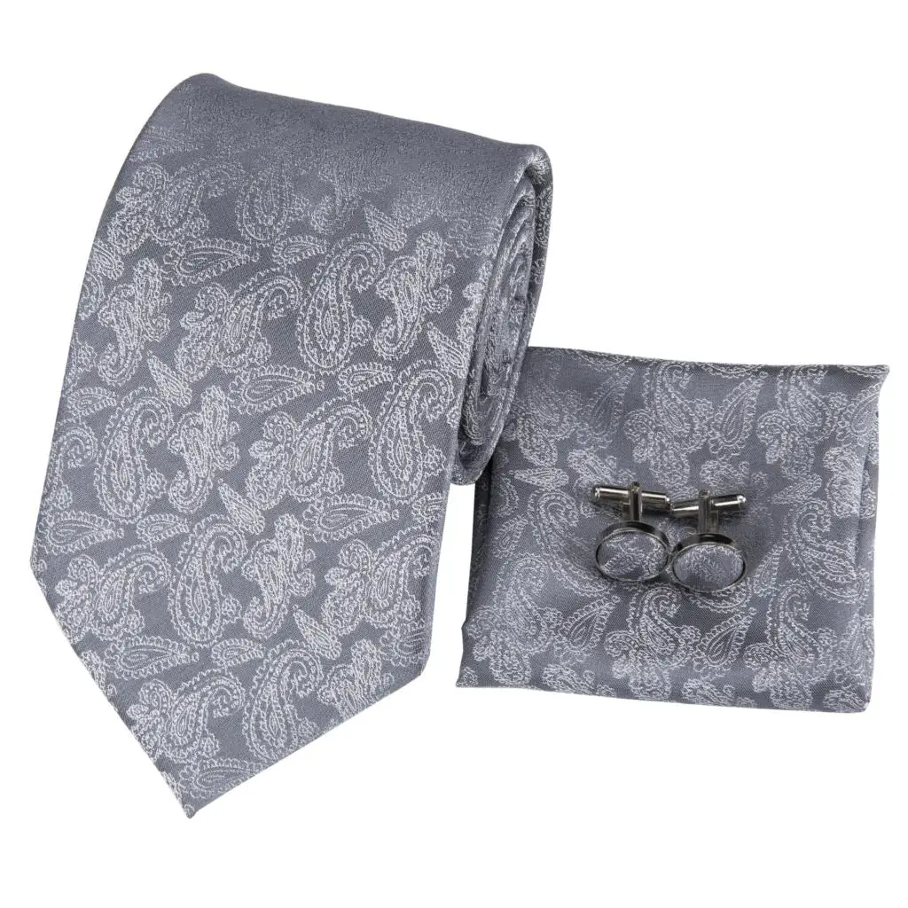 C-3153 для мужчин s Шелковый плетеный галстук с цветочным узором, с карманом, квадратные запонки, роскошные серебряные серые галстуки для мужчин Wedidng вечерние деловой ГАЛСТУК