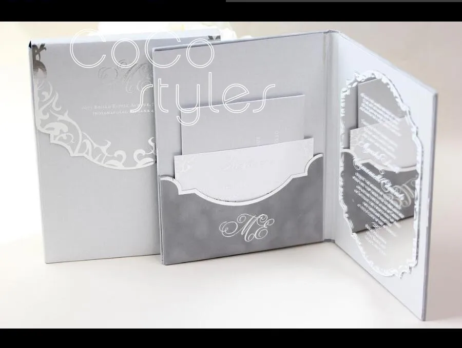  Cocostyles custom premiun gray velvet folded and silver mirror arylic invitation card with crystal  - 32879826072