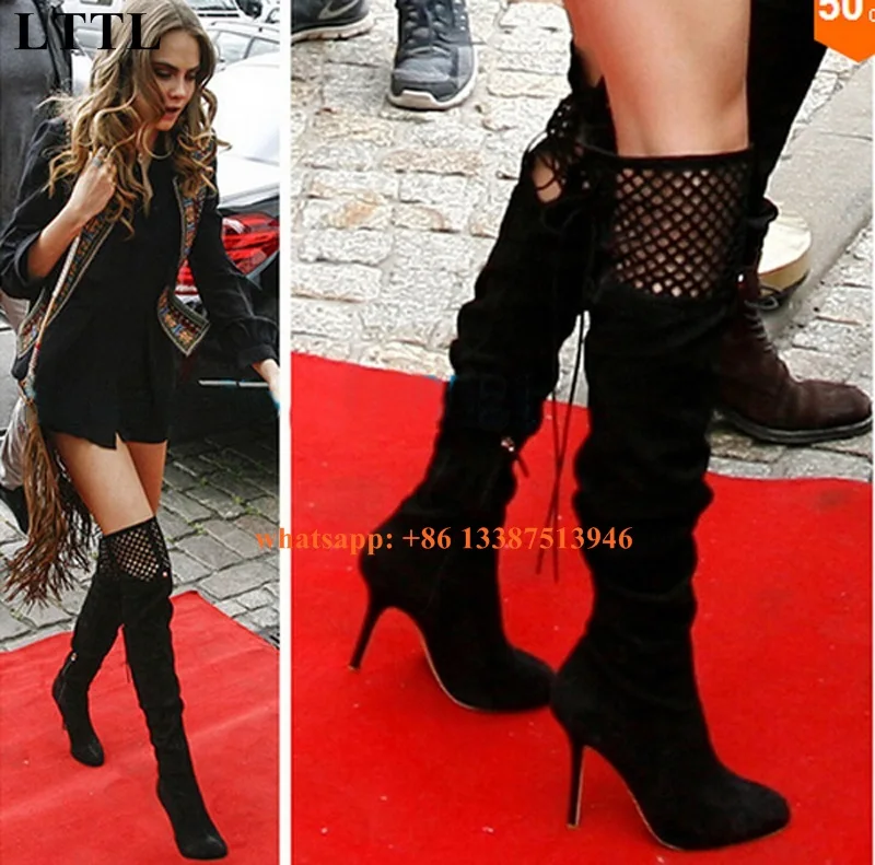 2017 New Fashion Women Black Suede Leather Knee High Dress Boots Cut-out Lace-up High Heel Long Boots Sexy Dress Boots Shoes