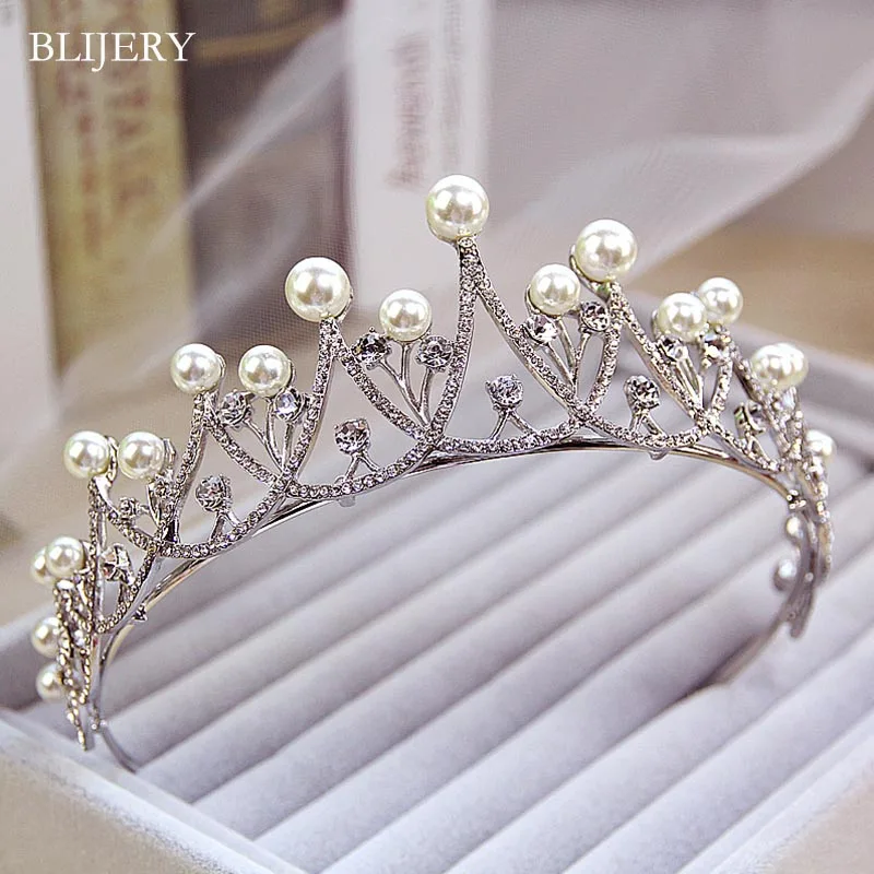 

BLIJERY Elegant Imitate Pearl Crystal Crown Bridal Hair Accessories Women Wedding Tiara Pageant Quinceanera Tiaras And Crowns
