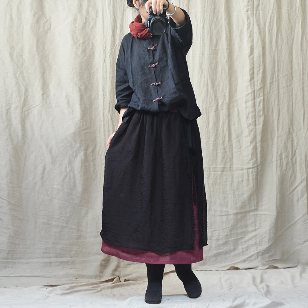 Женская двойная льняная юбка большого размера, Оригинальная летняя эластичная резинка на талии, контрастный цвет, Mori Girl, свободная винтажная Женская юбка YoYiKamomo