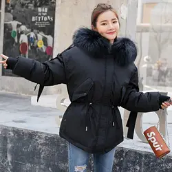 Высокое качество для женщин зима Большой Мех животных с капюшоном пальто воротником Женская верхняя одежда женские теплые короткие