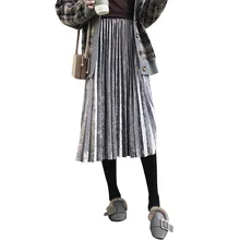 Autumn Winter 2019 New Golden Velvet Half-length Skirt Mid-skirt Solid Pleated Skirt Loose Plus Size Women's Skirt Harajuku girls pleated skirt 2018 new autumn and winter new children s big children s pleated half length skirt