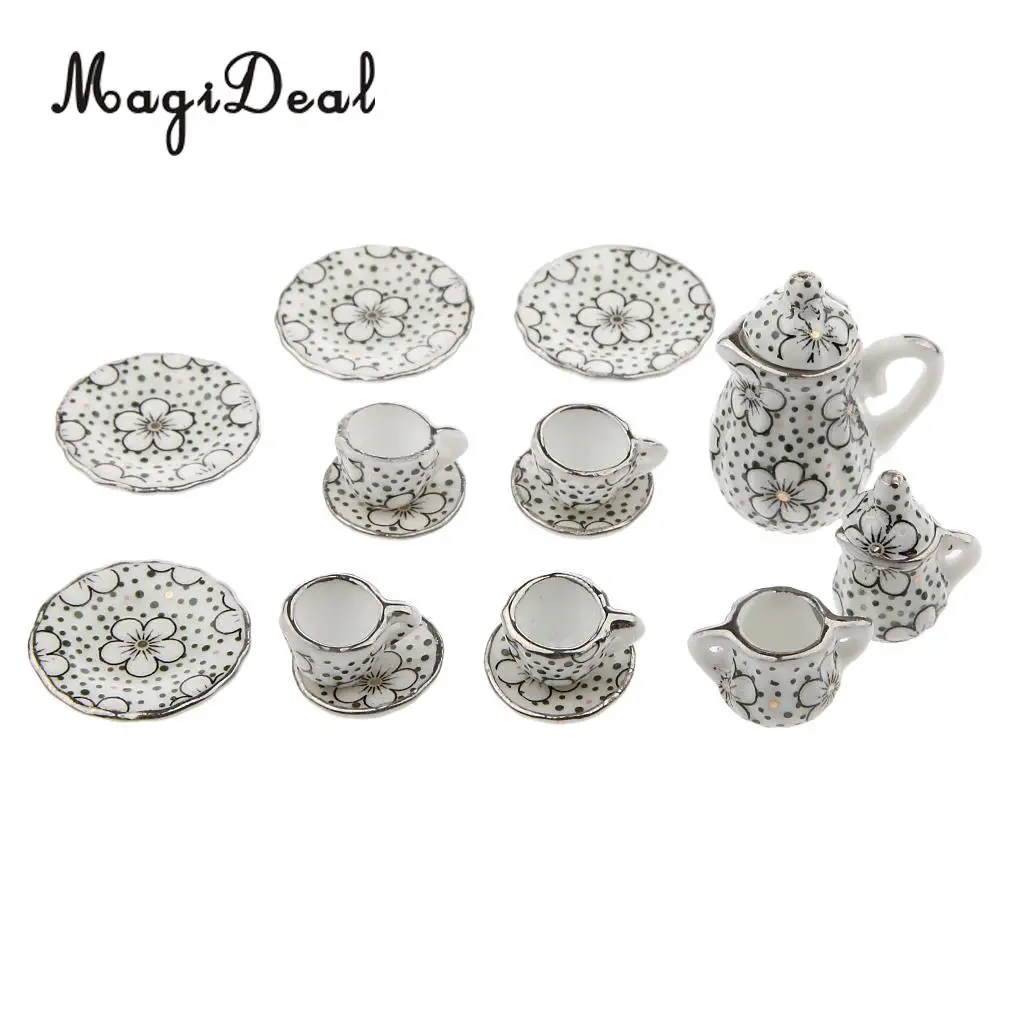 MagiDeal 17Pcs/Lot 1/12 Scale Dolls House Miniature Dining Ware Tea Set Flower Dot Pattern for Collection Kitchen Teahouse Decor