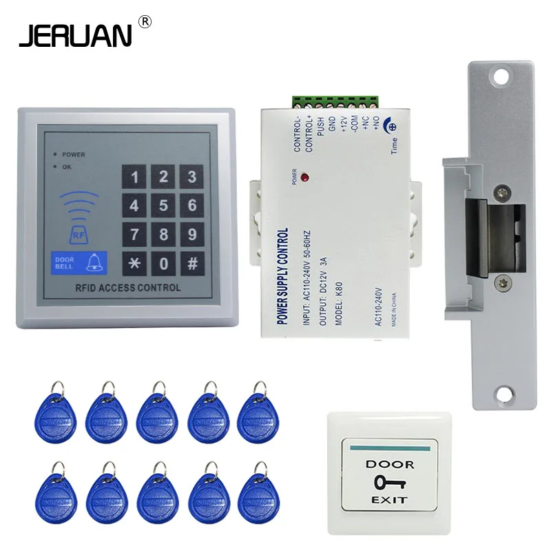 JERUAN RFID Door Access Control System Kit Set +Strike Door Lock +RFID Keypad + 10 ID card