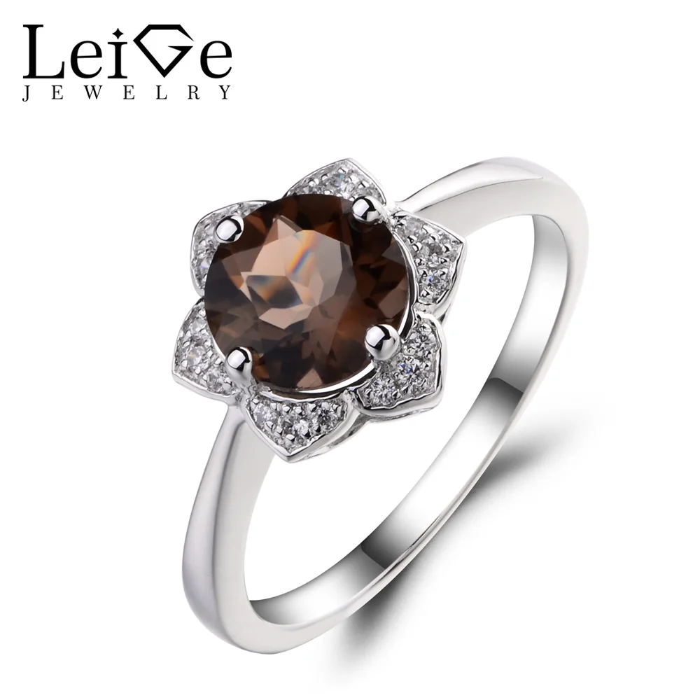 Leige Jewelry Natural True Smoky Quartz Engagement Anniversary Rings 925 Sterling Silver Ring