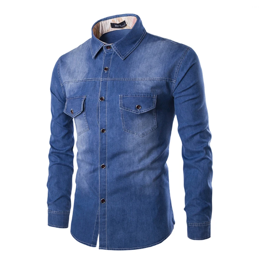 Рубашка мужская джинсовая с длинным рукавом х/б однотонная|chemise homme|casual chemisemale