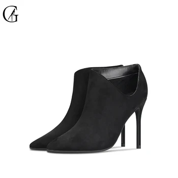 

GOXEOU Women's Short Boots Flock 3 Colors Shallow Pointed Toe Thin Heels Party Office Fashion Ladies Shoes Size Size 32-46