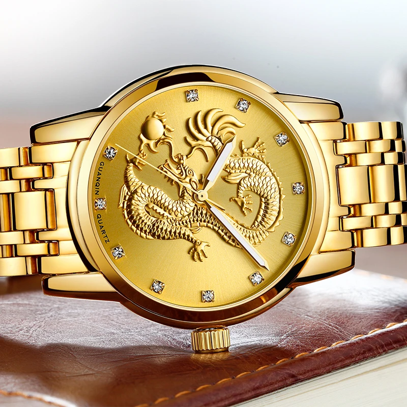 GUANQIN, мужские часы, Лидирующий бренд, роскошные золотые часы, мужские, дракон, водонепроницаемые часы, мужские, Erkek Kol Saati, кварцевые часы, Relogio Masculino