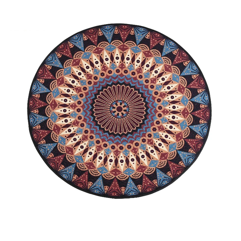 Vintage Ethnic Style Geometry Flower Printing Round Rug Easy to Clean Anti-slip Rugs and carpets for Home Living room/Bedroom
