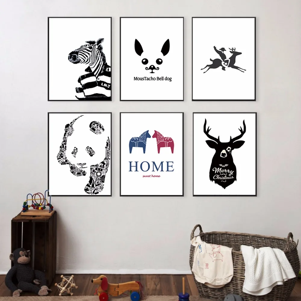 Скандинавские черно белые принты панда лошадь животные серия выражения животных