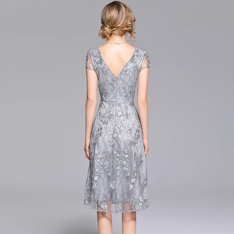 Summer Lace Mesh Embroidery Dress Chiffon Women O-Neck Short Sleeves A-Line Silver Vintage Long Party Elegant Dress Vestidos