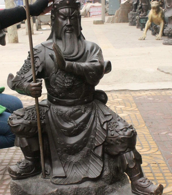 

32" China Bronze Dragon Guan Gong Yu Warrior God Sword Knight Ride Stone Statue