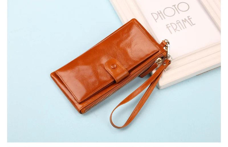 Best Quality! Women Oil Wax Genuine Cowhide Leather Long Zipper Wallet Lady Fashion Clutch Purse Bag With Strap 7 colors 2153