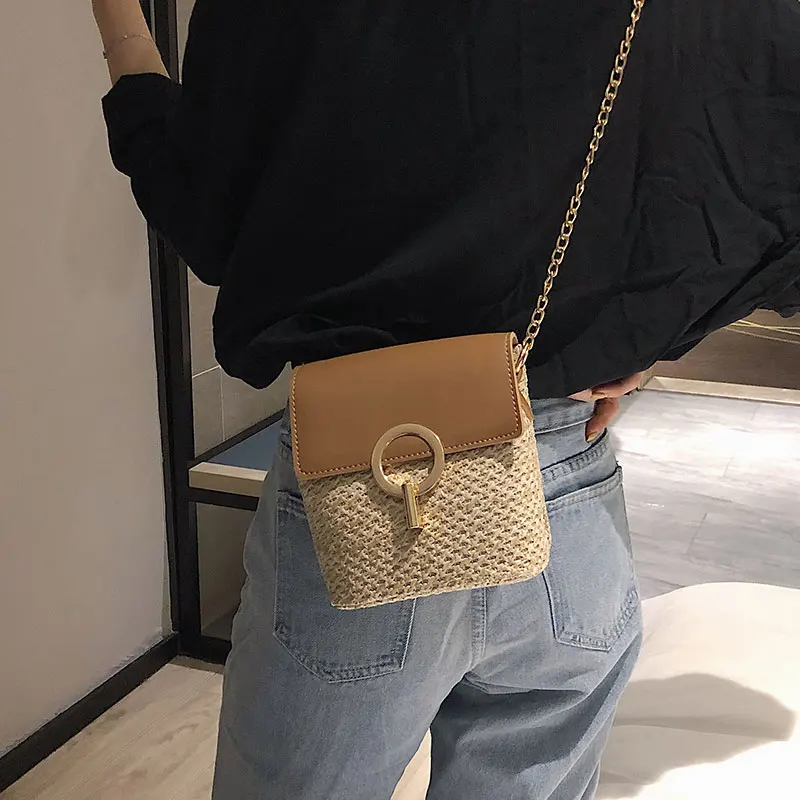 

2019 New Women's Bag Fashion Vacation Beach Shoulder Bag Contrast Color Chain Woven Flap Bag Female Holiday Messenger Bag A Mac