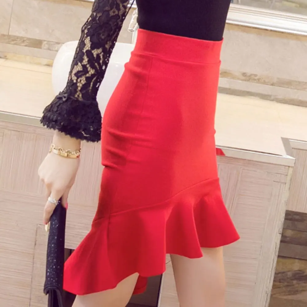 Европейский Стиль Нерегулярные воланами юбка черный, красный тонкий сексуальный Высокая Талия юбки Для женщин Рождественское платье нарядные юбки S-5XL
