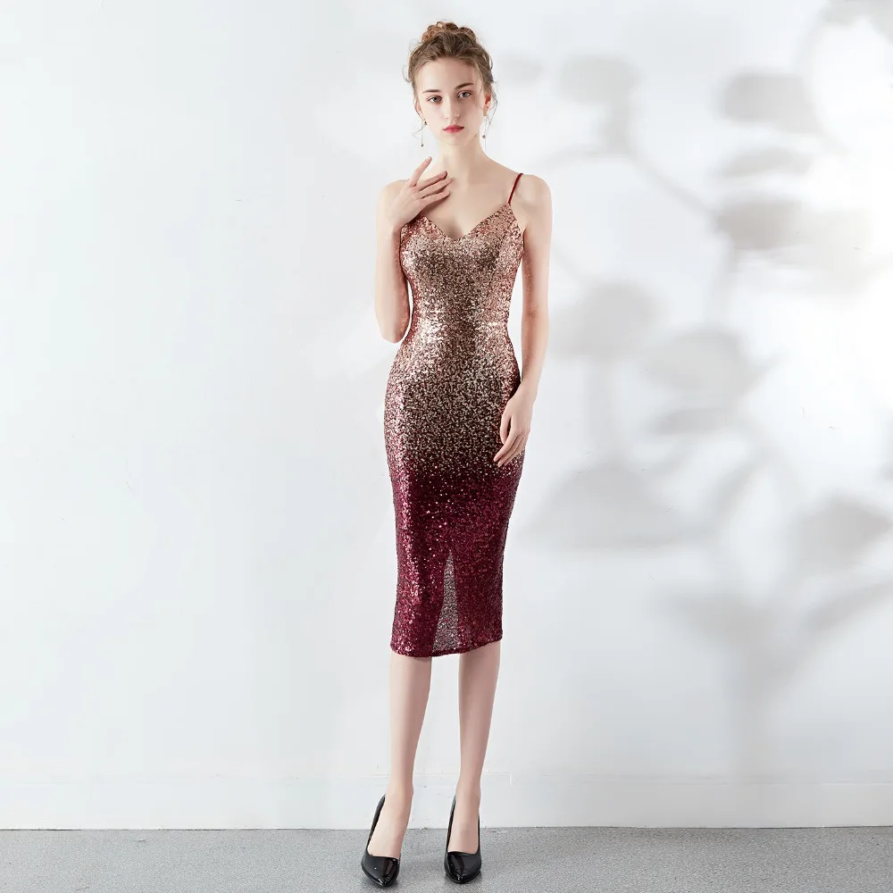 

Corzzet Sexy Gold Gradient Red Sequin V-neck Strap Sling Sleeveless Knee-Length Dress Women Vestidos Evening Party Formal Dress