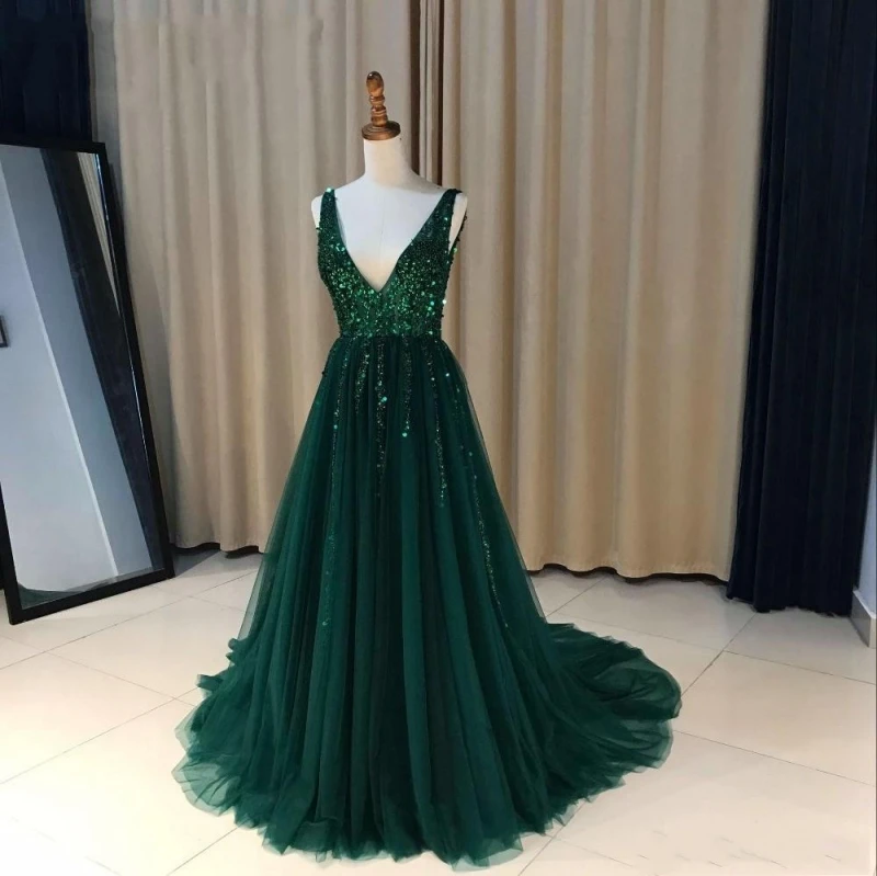 

New Green Evening Gowns 2019 Deep V Neck Beading Sweep Train Modern Long Cheap Formal Occasions Prom Formal Prom Party