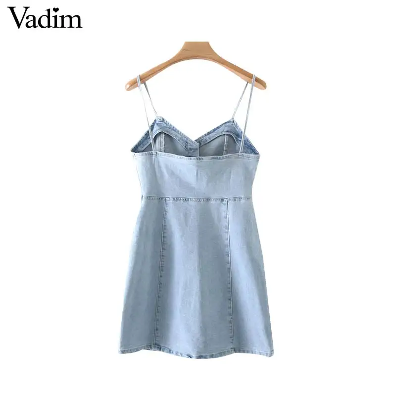 Vadim, милый, Женский мини-платье denims без рукавов на тонких бретелях Женские повседневные летние сексуальные платья с открытой спиной vestidos QC442