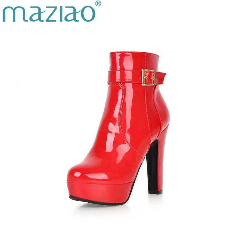 

MAZIAO Autumn Winter Patent Leather New Arrive Women Boots Fashion Black Zipper Ankle Boots Solid Color High Quality Platform