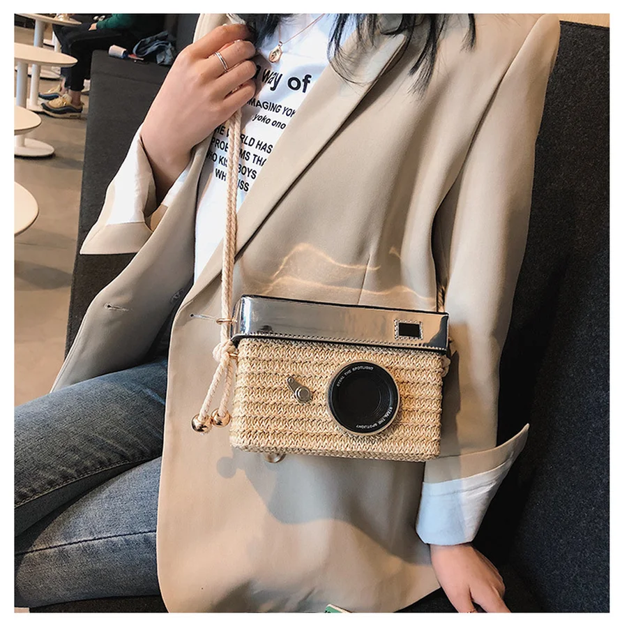 

Personality Camera Shape Design Straw Weaving Women's Shoulder Bags Ladies Fun Camera Flap Summer Straw Messenger Beach Bags New