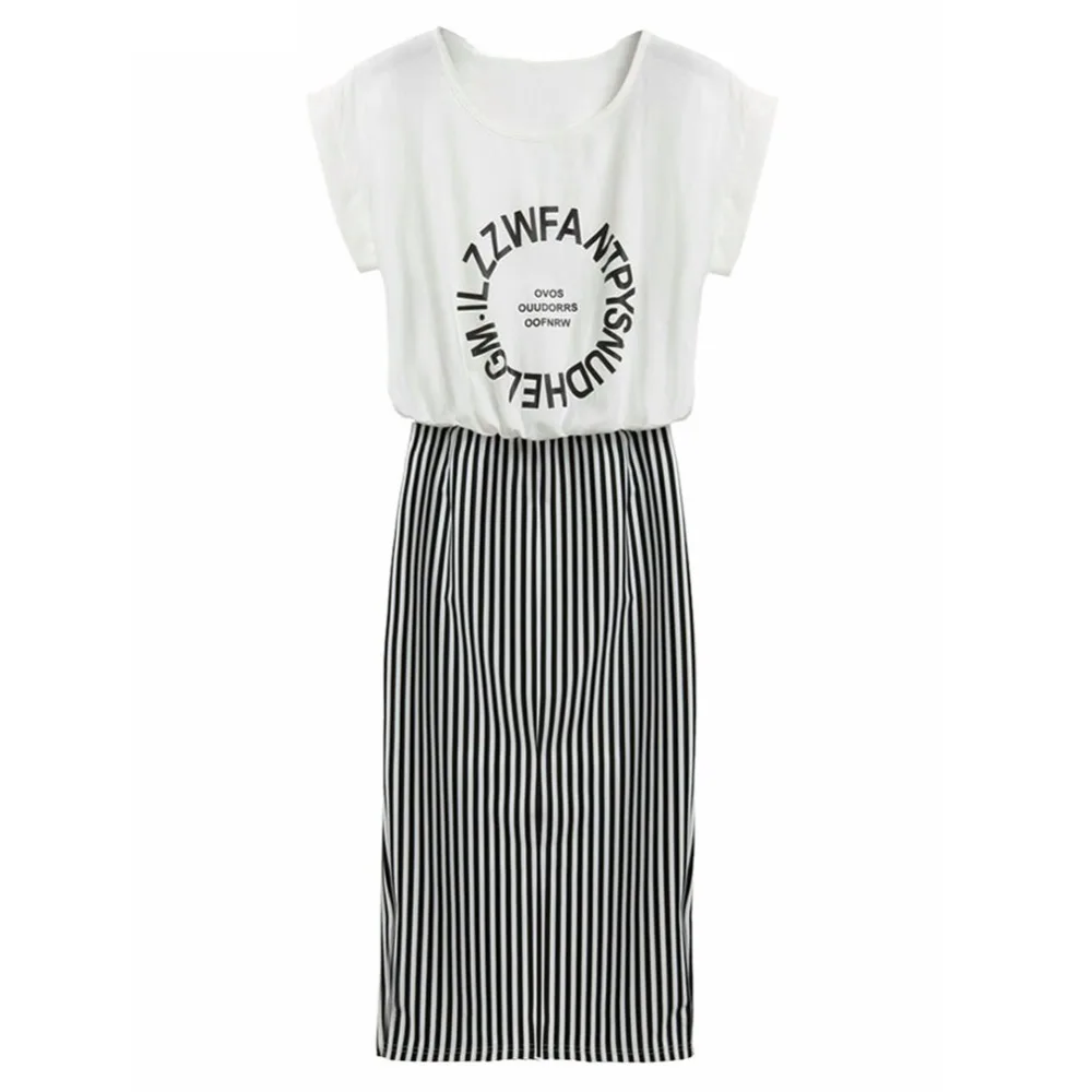 

Fashion Summer Women Causal Long Dress Letter Print Shirt Dress Slim Striped Maxi Bodycon Dress Vestido