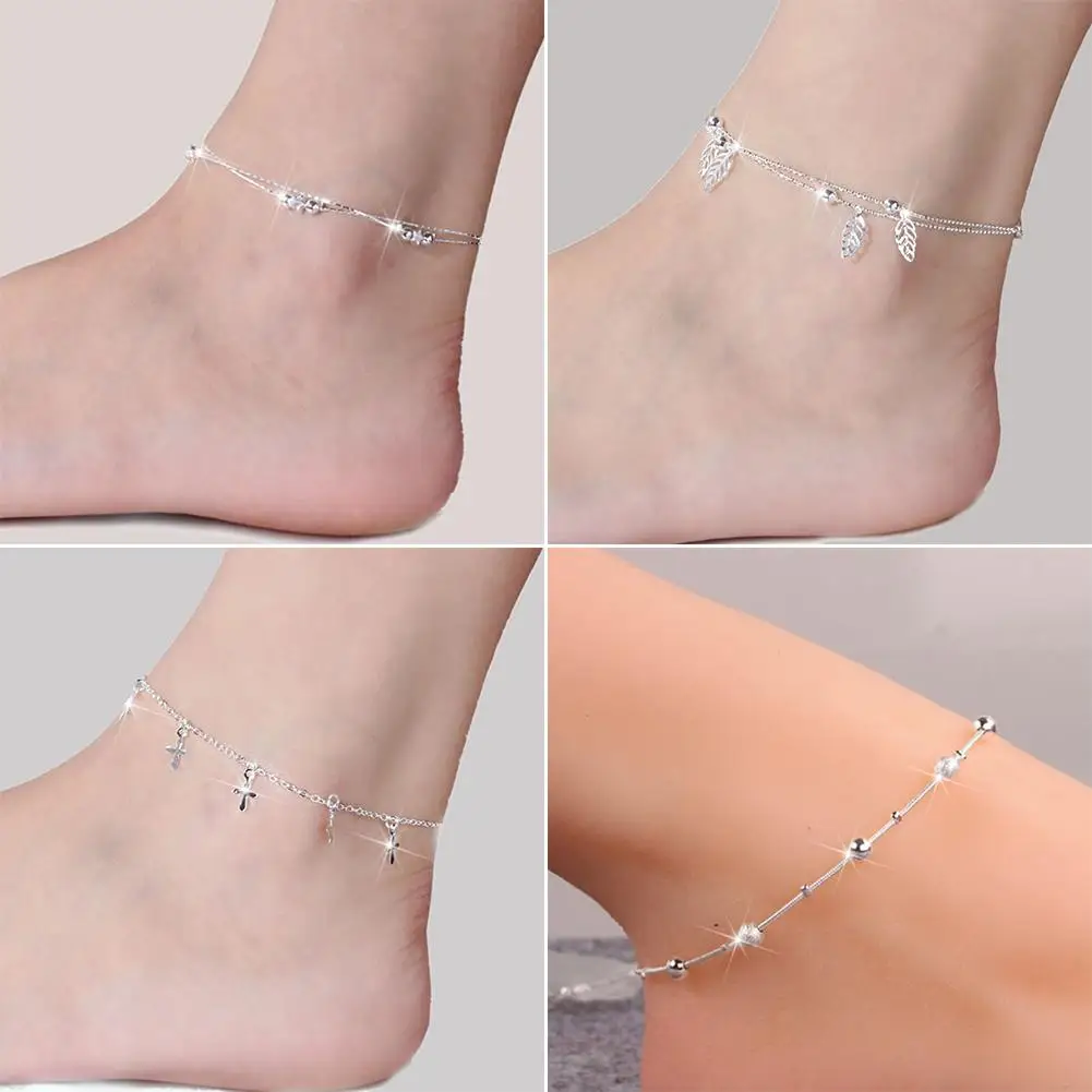 

Silver-plated Anklet Single/Double Layer Star Ball Leaf Cross Charm Anklet Summer Lady Ankle Bracelet