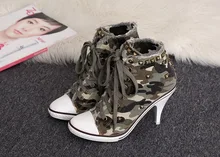 Pumps 2017 Sexy Autumn Winter Shoes Korean High-top Lace High-heeled Cowboy Camouflage Canvas Rivets Camouflage Student Shoes