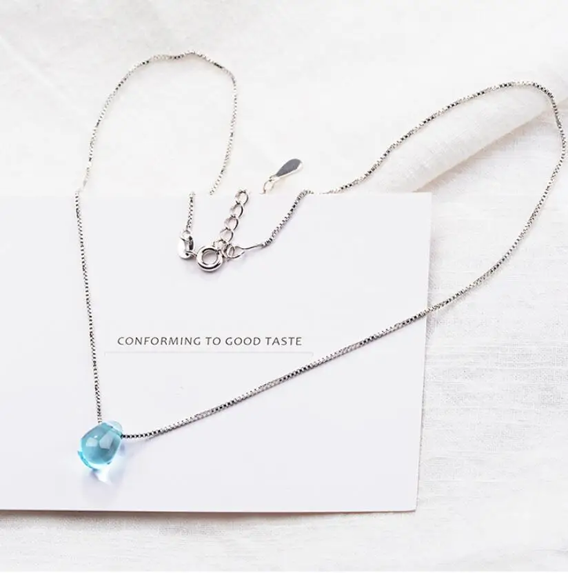 Литературный синий кристалл капли воды кулон ожерелья для женщин короткая цепочка на ключицы чокер 925 пробы серебряные ювелирные изделия для девочек SAN39